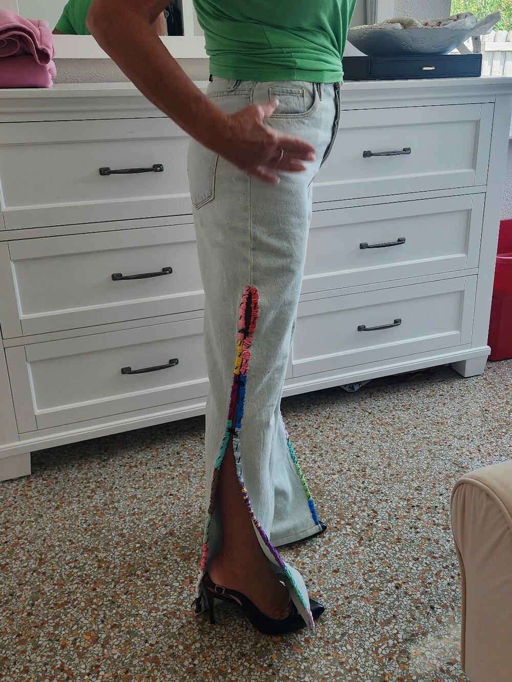 Blank NYC Light Blue Jeans with Multicolor Detail Hand Embroidered.